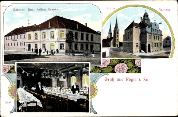 Postcard Regis in Saxony, inn, hall, church, town hall
