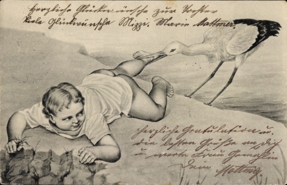Litografia narodziny, dziecko, bocian