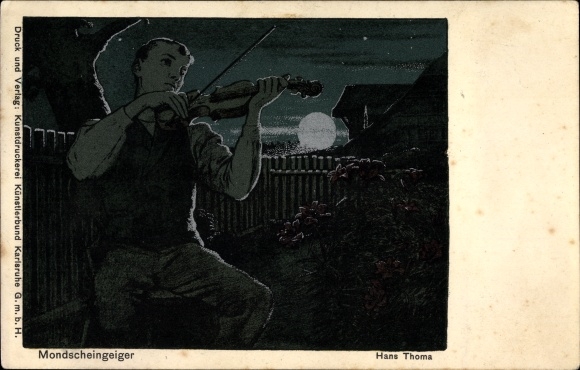 Artist Postcard Thoma, Hans, Mondscheingeiger, Young man with a violin in the garden