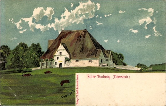Kunstenaar litho Planert, schiereiland Eiderstedt in Noord-Friesland, Roter Hauberg