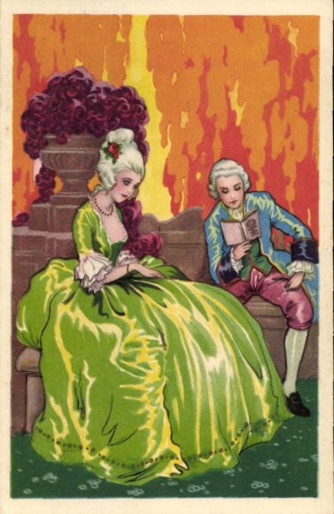Artist Postcard Elegant couple, reading man
