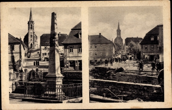 Postcard Berggiesshübel in Saxony, place at the bridge, before and after the catastrophe of 8/9. July 1927