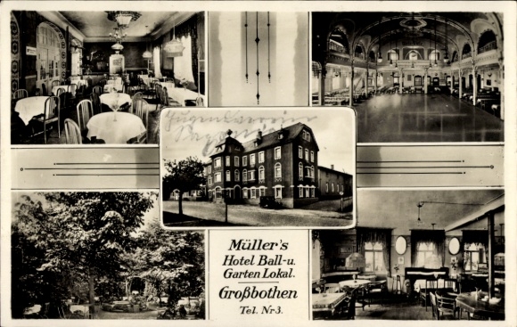 Ak Großbothen Grimma in Sachsen, Hotel Müller, Garten Lokal,  Innenräume, Tische, Stühle