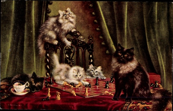 Artist Postcard cats with chessboard on a table