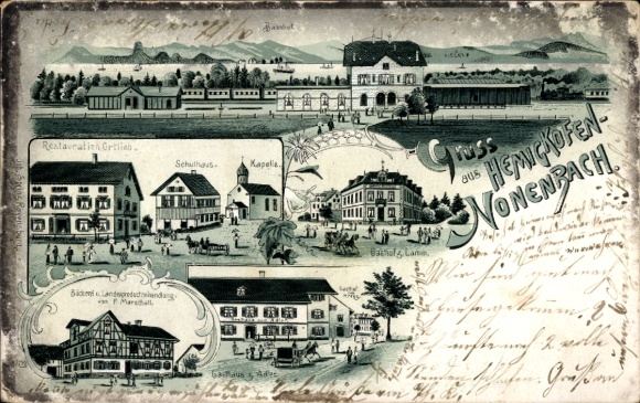 Litho Nonnenbach Hemigkofen Kressbronn am Bodensee, Schulhaus, Kapelle