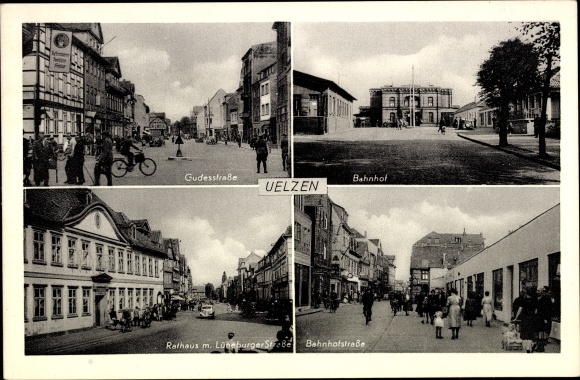 Postcard Uelzen in Lower Saxony, Gudesstrasse, train station, town hall with Lüneburger Strasse, Bahnhofstrasse