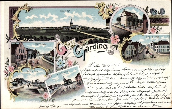 litho Garding Nordfriesland, stadhuis, havenplein, school, marktplein, stadhuis
