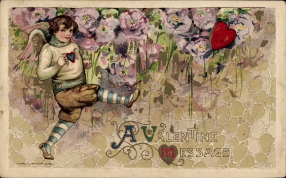 Embossed Card Congratulations Valentine's Day, Flowers, Love Angel, Hearts
