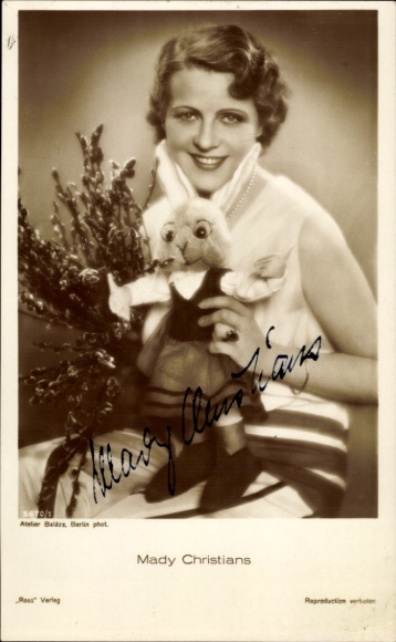 Postcard actress Mady Christians, portrait with stuffed bunny, autograph