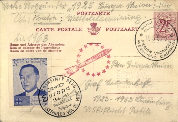 Postal stationery PC Losheim am See Saarland, rocket flight Losheimer Berg, Germany-Belgium 1963