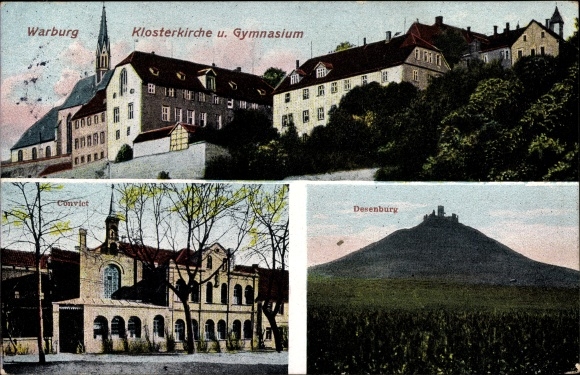 Postcard Warburg in Westphalia, monastery church, high school, Konvikt, Desenburg