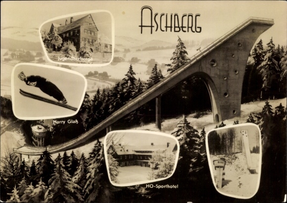 Ak Aschberg Klingenthal in de regio Vogtland in Saksen, Große Aschberg Schanze, Harry Glas, HO Sporthotel
