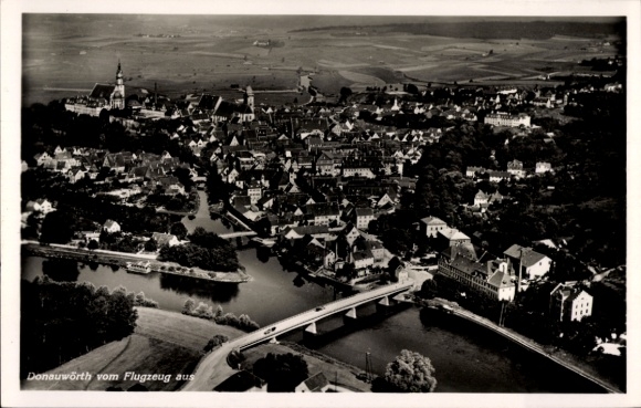 Postcard Donauwörth in Swabia Bavaria, aerial view of bridge, river, houses, church