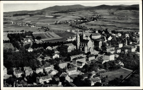 Postcard Cham in the Upper Palatinate, town view, aircraft photo