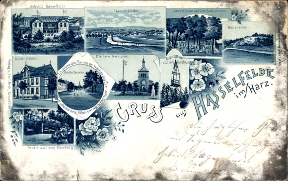 Chromo-Litho Hasselfelde in the Harz, market, observation tower, church, Rabenstein, train station