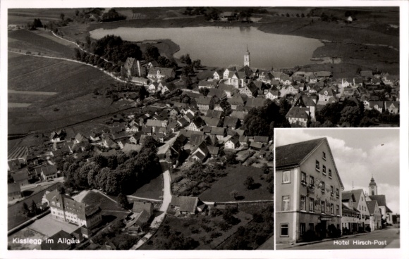 Postcard Kißlegg in Allgäu, aerial photograph, Hotel Hirsch-Post