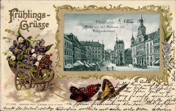 Passepartout Postcard Pforzheim in the Black Forest, market square with town hall and war memorial, flowers