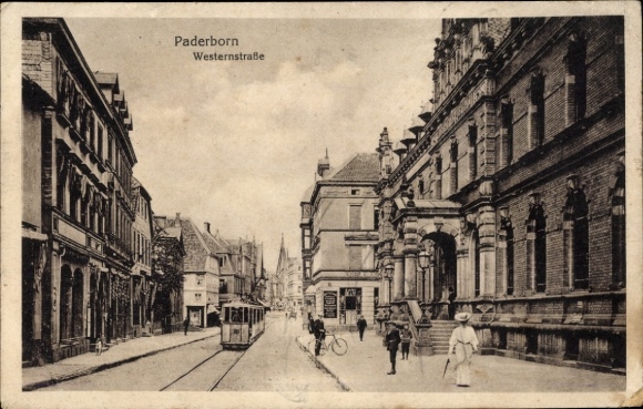 Postcard Paderborn in North Rhine Westphalia, Westernstraße, tram, passers-by