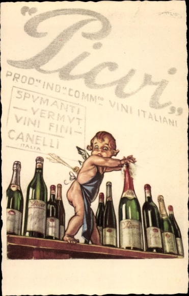 Artist Postcard Picvi, champagne bottles, counters, angels, aprons, Spumanti, Vermut, Vini Fini, Canelli