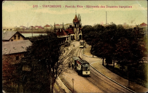 Postcard Strasbourg Straßburg Elsass Bas Rhin, Rhine Bridge, French Customs Buildings