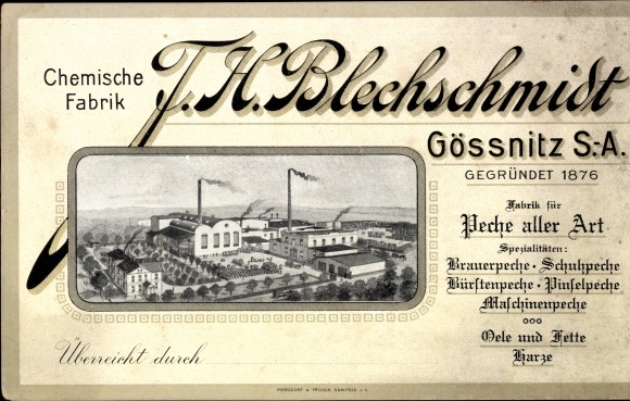 Ak Gößnitz in Thüringen, Chemische Fabrik F. H. Blechschmidt, Peche und Wachse für Schuhindustrie