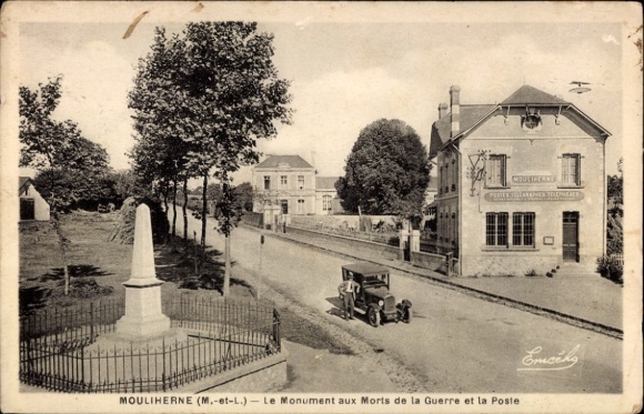 Postcard Mouliherne Maine-et-Loire, war memorial, post office, automobile