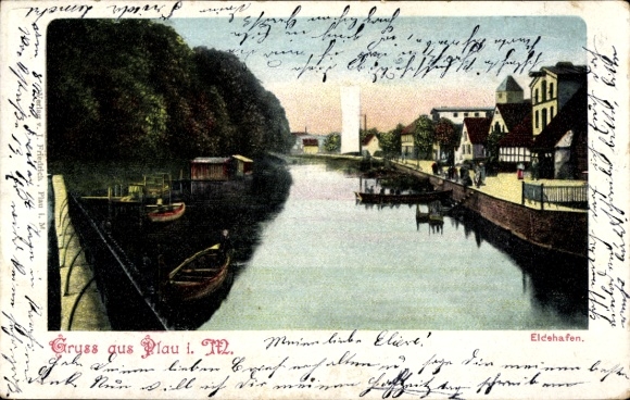 Postcard Plau am See Mecklenburg, Friedrich waterway, buildings, boats, river landscape, PC
