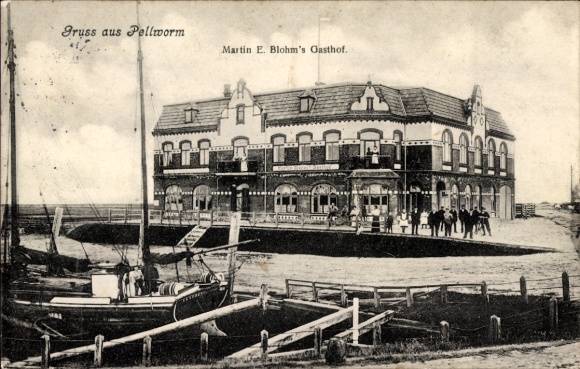 Ak Pellworm in Schleswig Holstein, Martin E. Blohm's Gasthof, Segelboot
