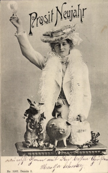 Postcard Happy New Year, woman with champagne glass, pigs