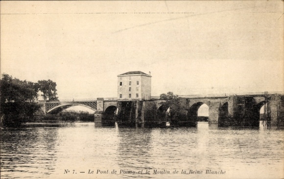 Ak Poissy Yvelines, Brücke, Fluss, Mühle
