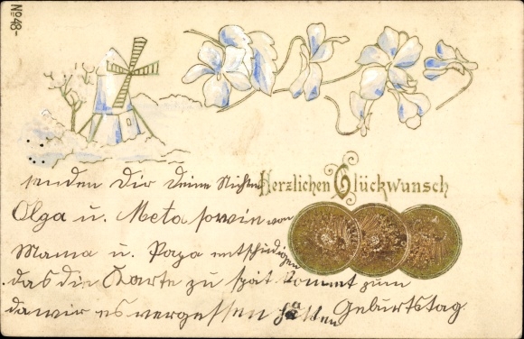Postcard Congratulations, windmill, flower tendrils, coins