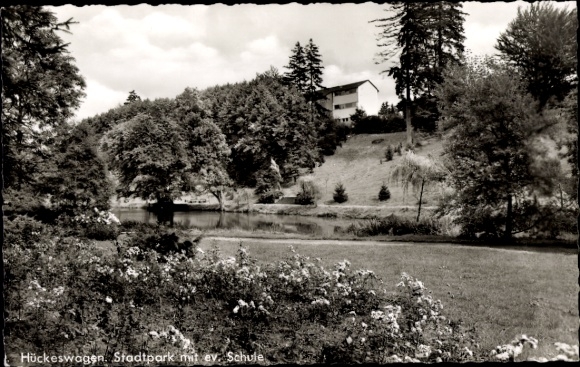 Postcard Hückeswagen in the Oberbergisches Kreis, city park with a possible school