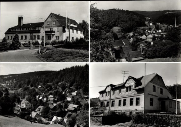 Postcard Pobershau Marienberg in the Ore Mountains, FH Haus Katzenstein, town view, BFH Schwarzbeerschänke