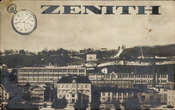 Photo Postcard Zenith pocket watch, watch factory, advertising