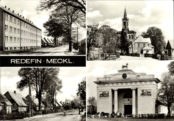 Ak Redefin in Mecklenburg, Vorderseite zeigt vier Bilder, darunter Kirche, Reithalle, Dorfstraße