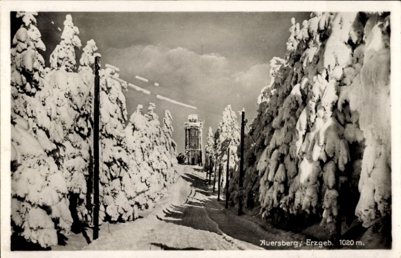 Postcard Wildenthal Eibenstock in the Ore Mountains, Auersberg in winter, accommodation house Auersberg