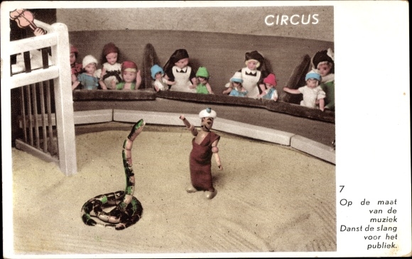 Postcard circus, manege, wooden figures, snake charmers