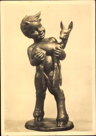 Postcard sculpture by Reinhold Unger, forest idyll, satyr, deer, HDK 325