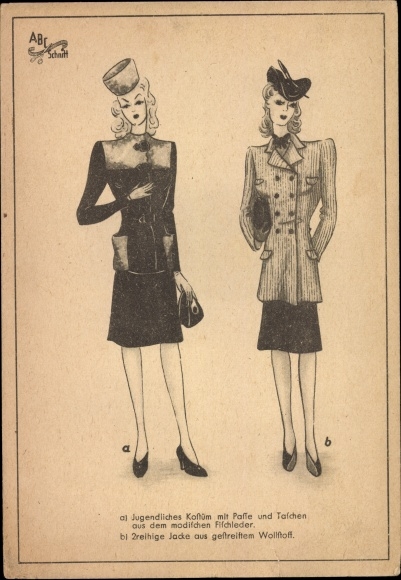 Postcard women&#39;s fashion, sewing pattern ABC cut, youthful costume, double-breasted jacket