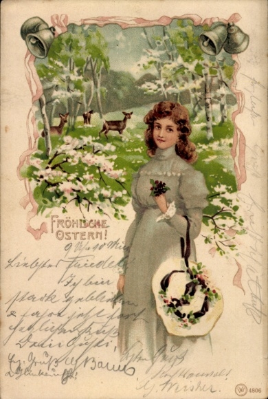 Ak Glückwunsch Ostern, Junge Frau, Glocken, Landschaftsidylle