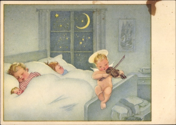 Künstler Ak Engel mit Geige, schlafende Kinder im Bett
