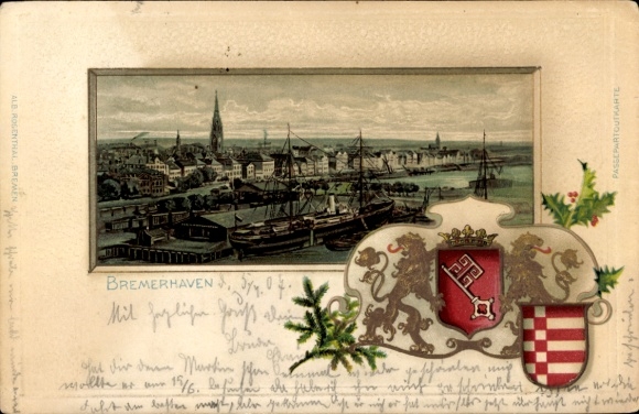 Wytłoczony herb passepartout pocztówka Bremerhaven, port i miasto, Nowy Rok