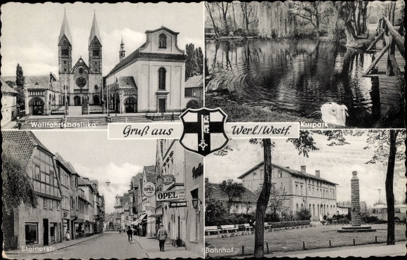 Ak Werl in Westfalen, Wallfahrtsbasilika, Bahnhof, Kurpark, Steinerstraße, Wappen