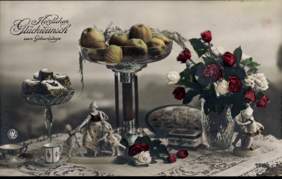 Postcard Happy Birthday, birthday table, flowers, fruit bowl, porcelain figure
