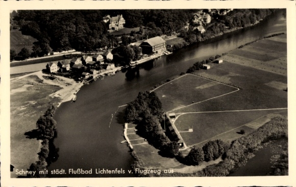 Ak Schney Lichtenfels im Obermainland Oberfranken, Luftbild von Schney, Flussbad, Lichtenfels, 19