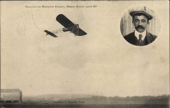 Postcard Grazzioli on Monplan Bleriot, Engine Anzani, Flugpionier