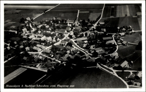 Postcard Honsolgen Buchloe in Allgäu, aerial view of Honsolgen, many houses, rural surroundings, no