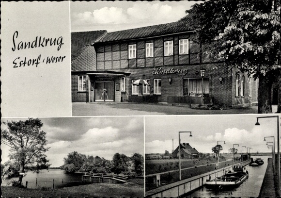 Postcard Estorf Weser, Gasthof Sandkrug, Karl Meyer, lock, ferry
