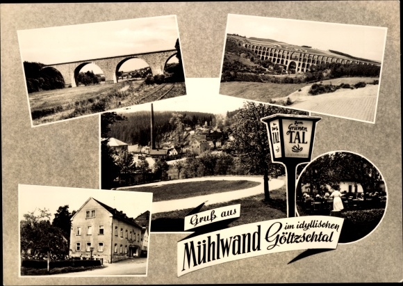 Postcard Mühlwand Limbach im Vogtland, viaduct, street section, in the green valley, town view