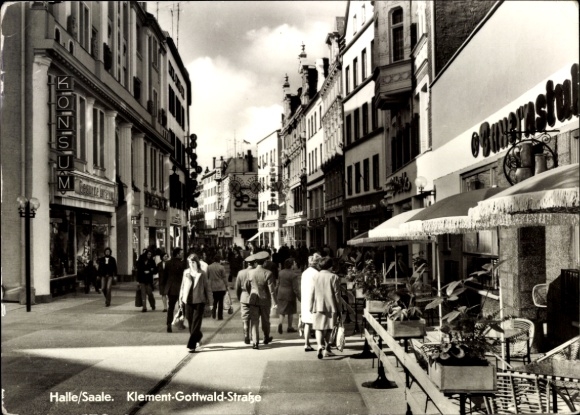 Postcard Halle an der Saale, Klement Gottwald Street, Konsum, Cafe